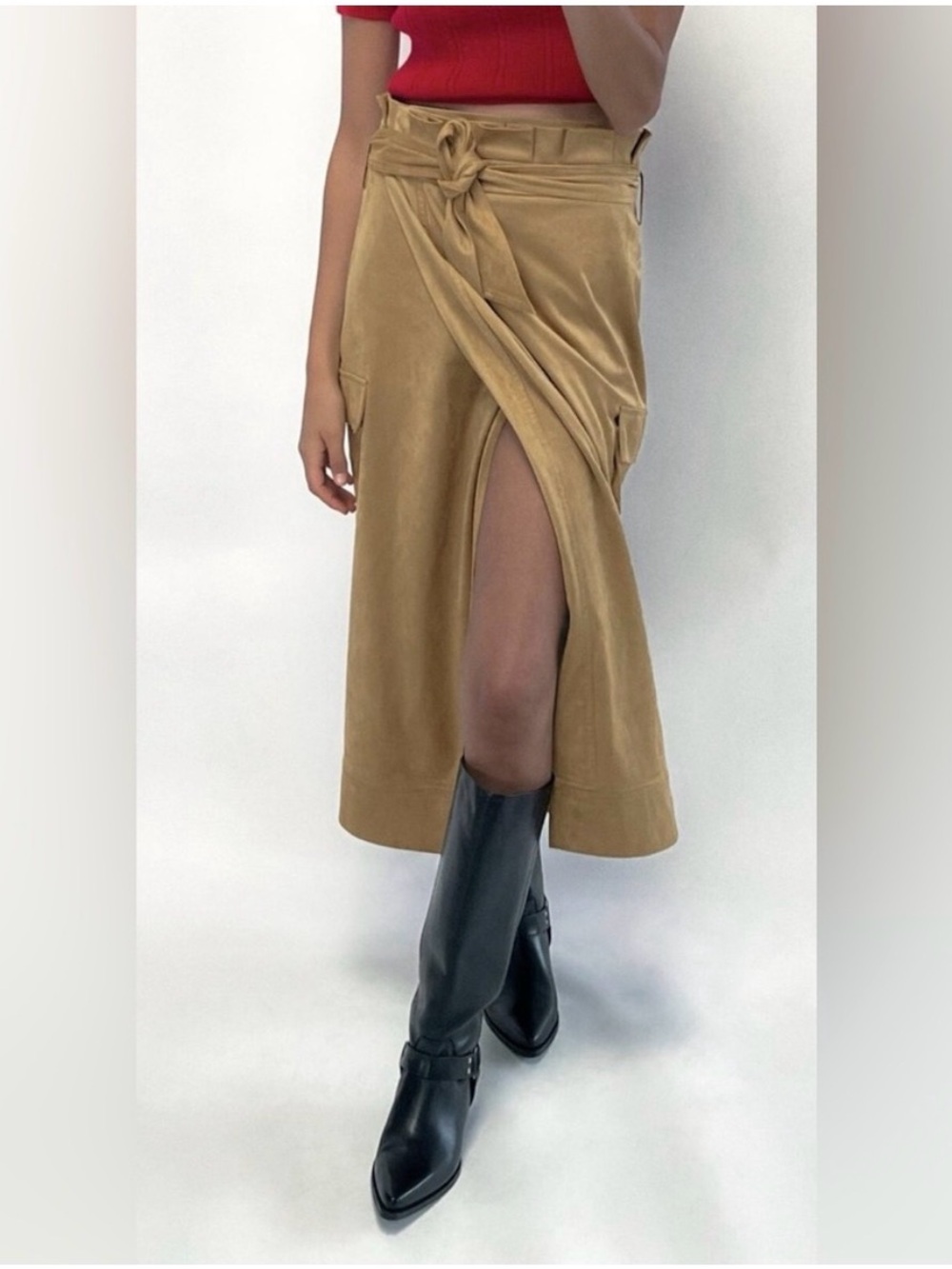 ZARA | Camel Tan Faux Suede Wrap Paperbag Waist Belted Wrap Midi Skirt-Boho Chic